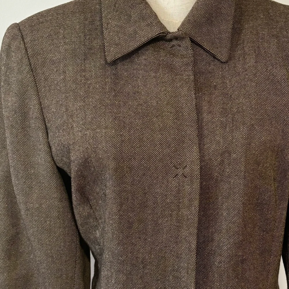 90s MINIMALIST TAN & BLACK WOVEN WOOL BLEND LINED CROPPED BLAZER CARLSON 10P - Picture 7 of 13